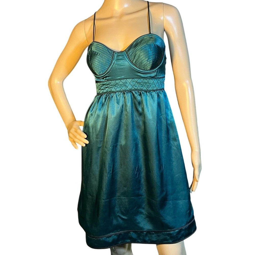 Ruched Bust Quilted Waist A Line Satin Dress Teal Coquette Babydoll Size Small
